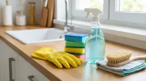Prodotti per pulizie domestiche su piano cucina: guanti, spugne colorate, spray detergente, spazzola e panno