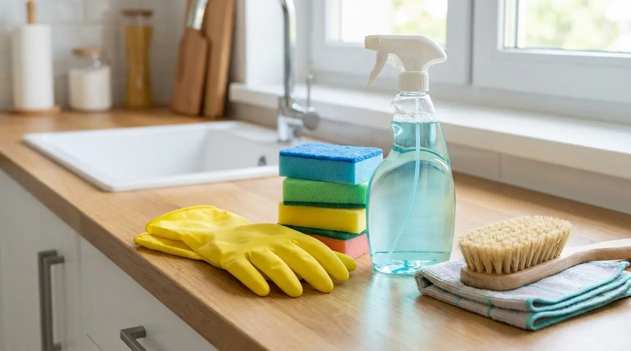 Prodotti per pulizie domestiche su piano cucina: guanti, spugne colorate, spray detergente, spazzola e panno