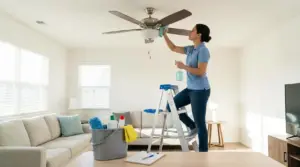 Una persona pulisce le pale del ventilatore a soffitto su una scala, con secchio e prodotti per la pulizia in salotto