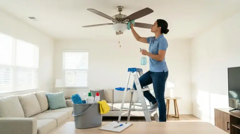 Una persona pulisce le pale del ventilatore a soffitto su una scala, con secchio e prodotti per la pulizia in salotto