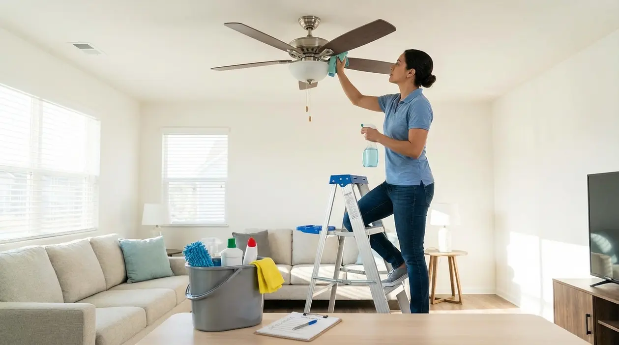 Una persona pulisce le pale del ventilatore a soffitto su una scala, con secchio e prodotti per la pulizia in salotto