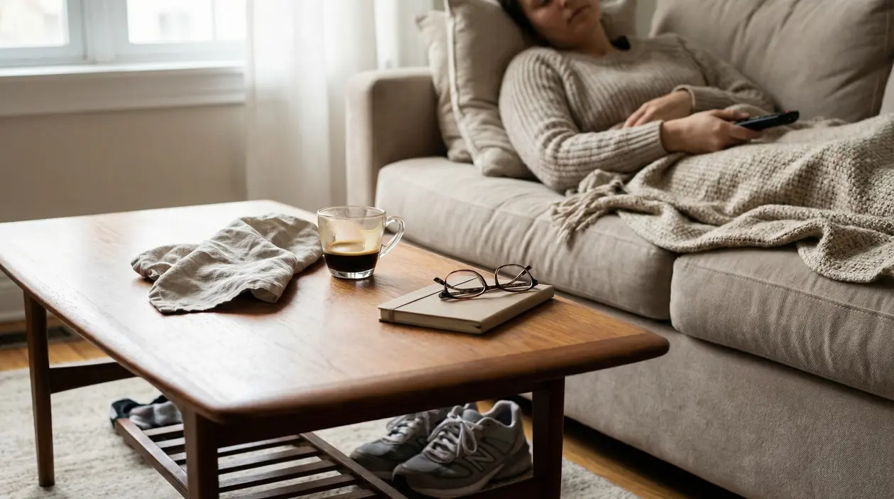 Persona sdraiata su un divano con una coperta, accanto a un tavolino con una tazza e un libro