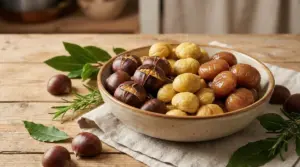 Ciotola con castagne cotte in diversi modi su un tavolo rustico con erbe aromatiche