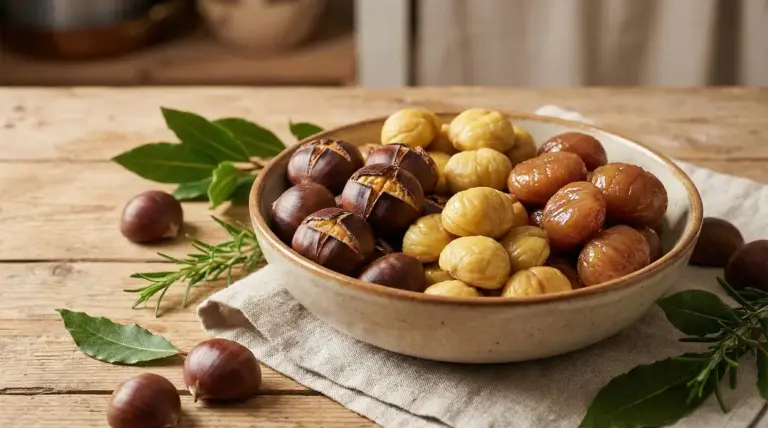 Ciotola con castagne cotte in diversi modi su un tavolo rustico con erbe aromatiche