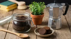Barattolo con fondi di caffè, moka e pianta in vaso su tavolo in legno, idee di riuso in casa