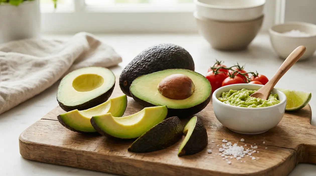 Avocado tagliato a metà e a fette su un tagliere con guacamole, lime e pomodori