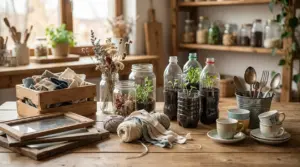 Oggetti riutilizzati in cucina: barattoli, bottiglie come vasi, tazze, cornici e stoffe su un tavolo di legno