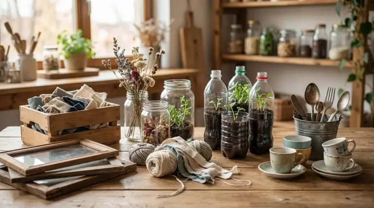 Oggetti riutilizzati in cucina: barattoli, bottiglie come vasi, tazze, cornici e stoffe su un tavolo di legno