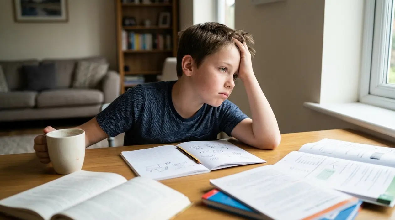 Bambino annoiato seduto al tavolo con quaderni e libri aperti, in casa vicino a una finestra
