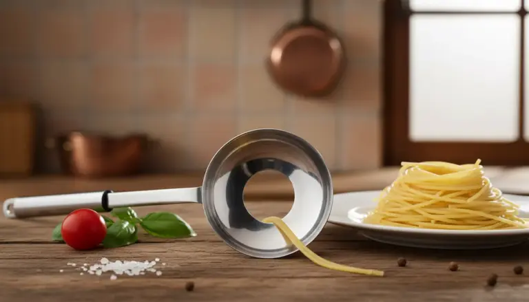 Mestolo per la pasta con foro centrale sul tavolo accanto a spaghetti, pomodorino e basilico