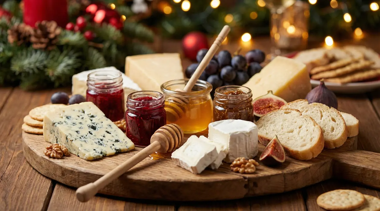 Tagliere natalizio con formaggi assortiti, marmellate, miele, frutta e pane su tavolo in legno decorato
