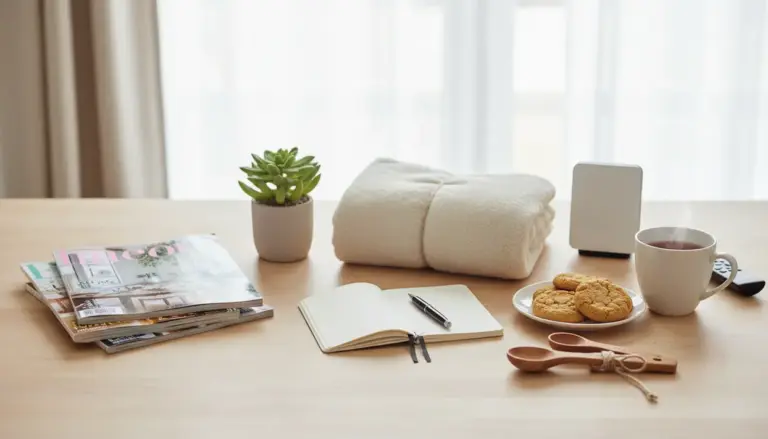 Scrivania ordinata con tazza di tè, biscotti, pianta, riviste, coperta e taccuino aperto