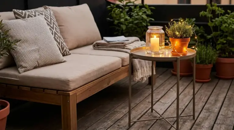 Terrazzo accogliente con divano da esterno, tavolino, candela e pianta decorata con luci.