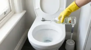 Mano con guanto giallo versa aceto bianco nel water per pulire e igienizzare il WC