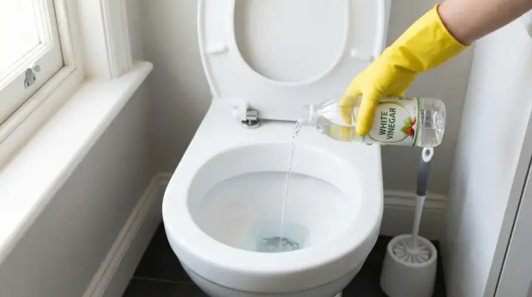 Mano con guanto giallo versa aceto bianco nel water per pulire e igienizzare il WC