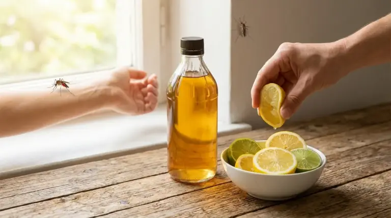 Bottiglia di aceto e fette di limone su un tavolo vicino a una finestra, con zanzare in casa
