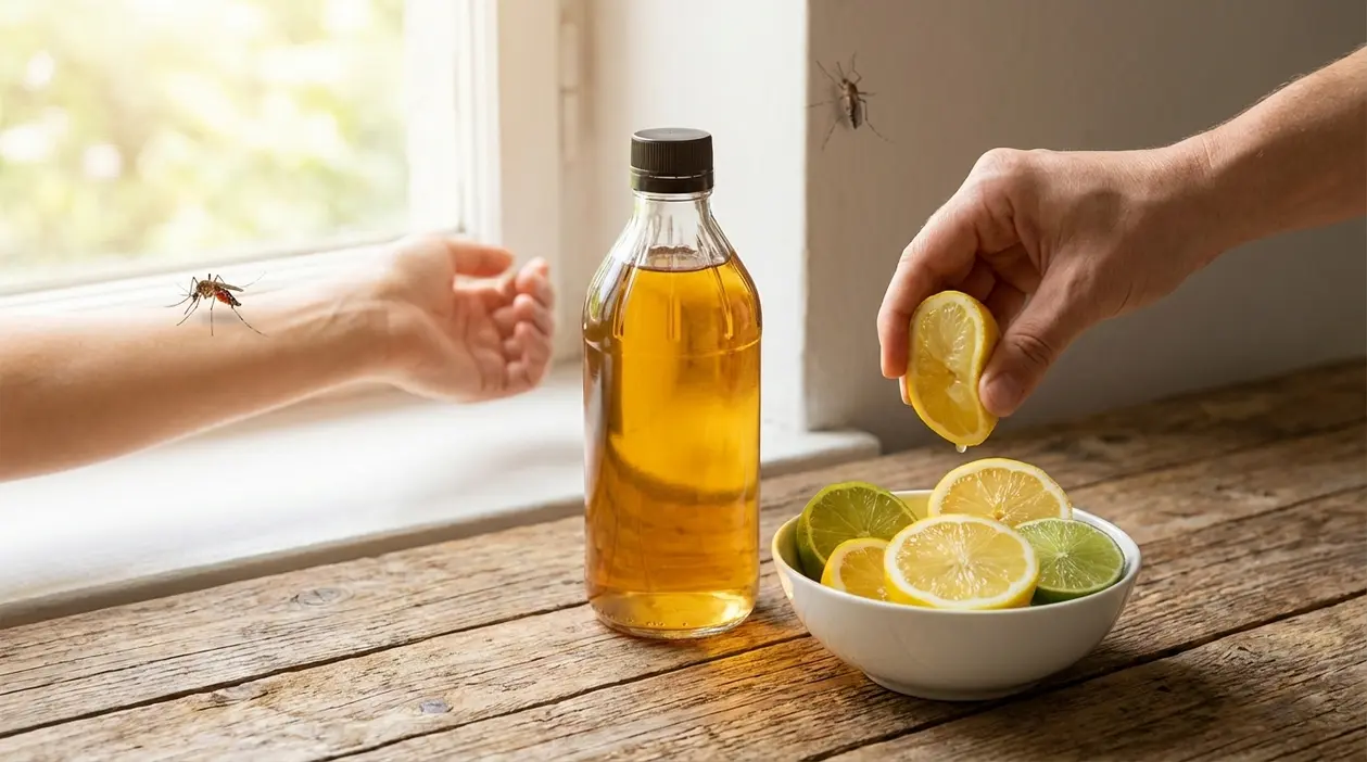 Bottiglia di aceto e fette di limone su un tavolo vicino a una finestra, con zanzare in casa