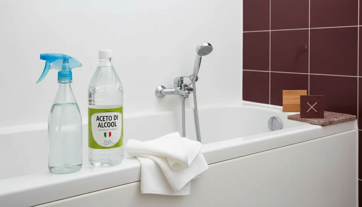 Flacone di aceto di alcool e spruzzino vicino alla vasca da bagno per pulire la doccia