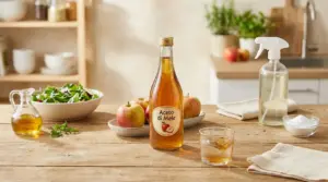 Bottiglia di aceto di mele su un tavolo in cucina con mele, insalata, bicchiere e spray per pulizie