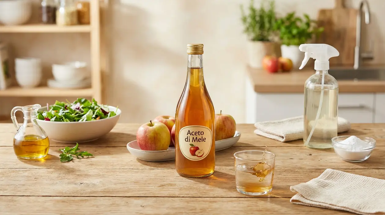 Bottiglia di aceto di mele su un tavolo in cucina con mele, insalata, bicchiere e spray per pulizie