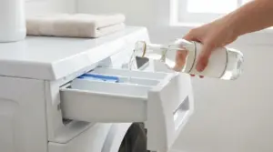 Una mano versa aceto nel cassetto del detersivo della lavatrice per rimuovere calcare e cattivi odori.