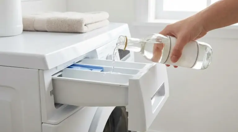 Una mano versa aceto nel cassetto del detersivo della lavatrice per rimuovere calcare e cattivi odori.