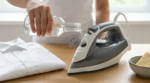 Una mano versa un liquido trasparente nel serbatoio di un ferro da stiro da tavolo