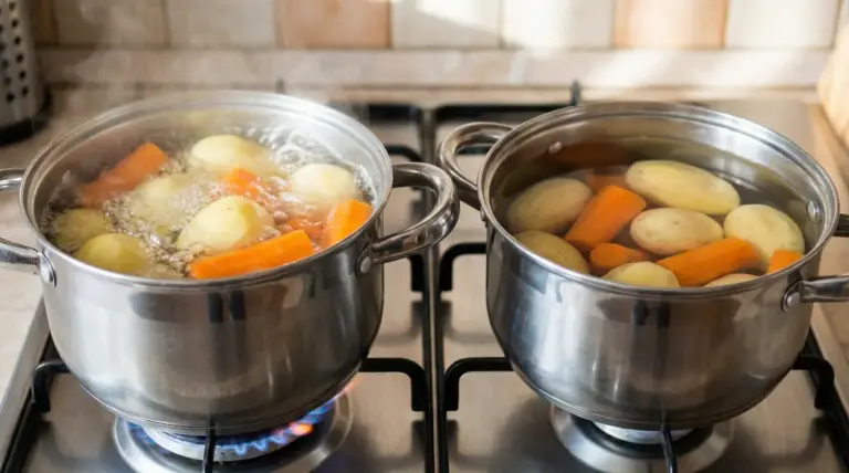 Due pentole su fornelli a gas con patate e carote immerse in acqua calda e fredda