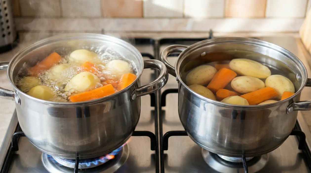 Due pentole su fornelli a gas con patate e carote immerse in acqua calda e fredda