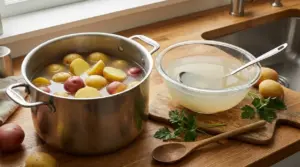 Pentola con patate in cottura e ciotola con acqua di cottura su un piano cucina