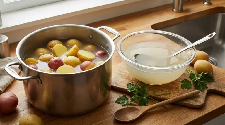 Pentola con patate in cottura e ciotola con acqua di cottura su un piano cucina