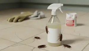 Spray detergente sul pavimento con blatte vicino, guanti e prodotti per pulizie sullo sfondo