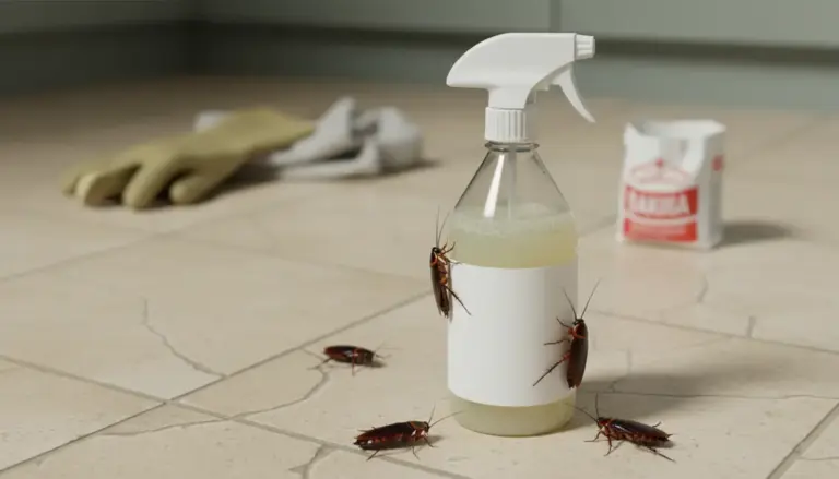 Spray detergente sul pavimento con blatte vicino, guanti e prodotti per pulizie sullo sfondo