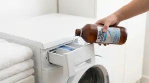 Persona versa acqua ossigenata nella vaschetta del detersivo della lavatrice in lavanderia domestica