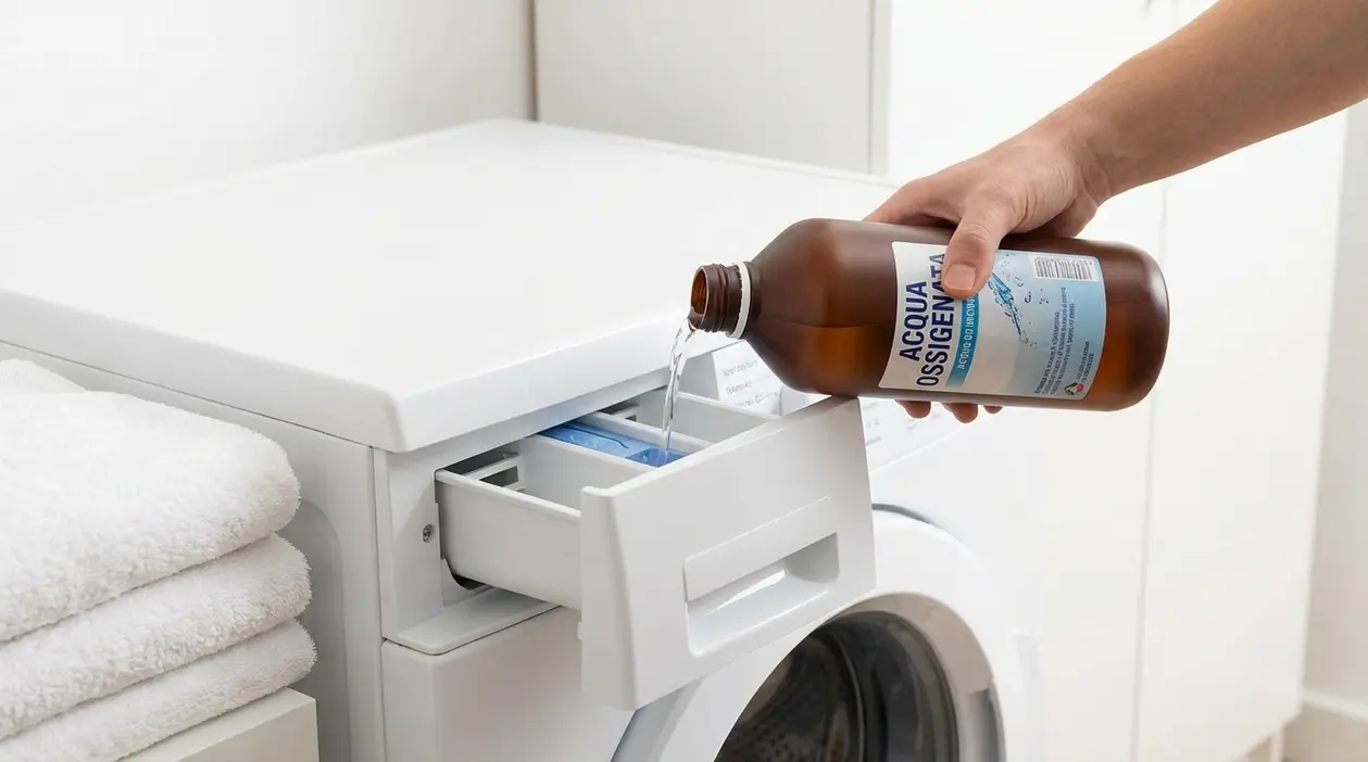 Persona versa acqua ossigenata nella vaschetta del detersivo della lavatrice in lavanderia domestica