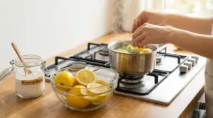 Pentolino sul fornello con limone e rosmarino in ebollizione; accanto ciotola di limoni e bicarbonato per deodorare casa