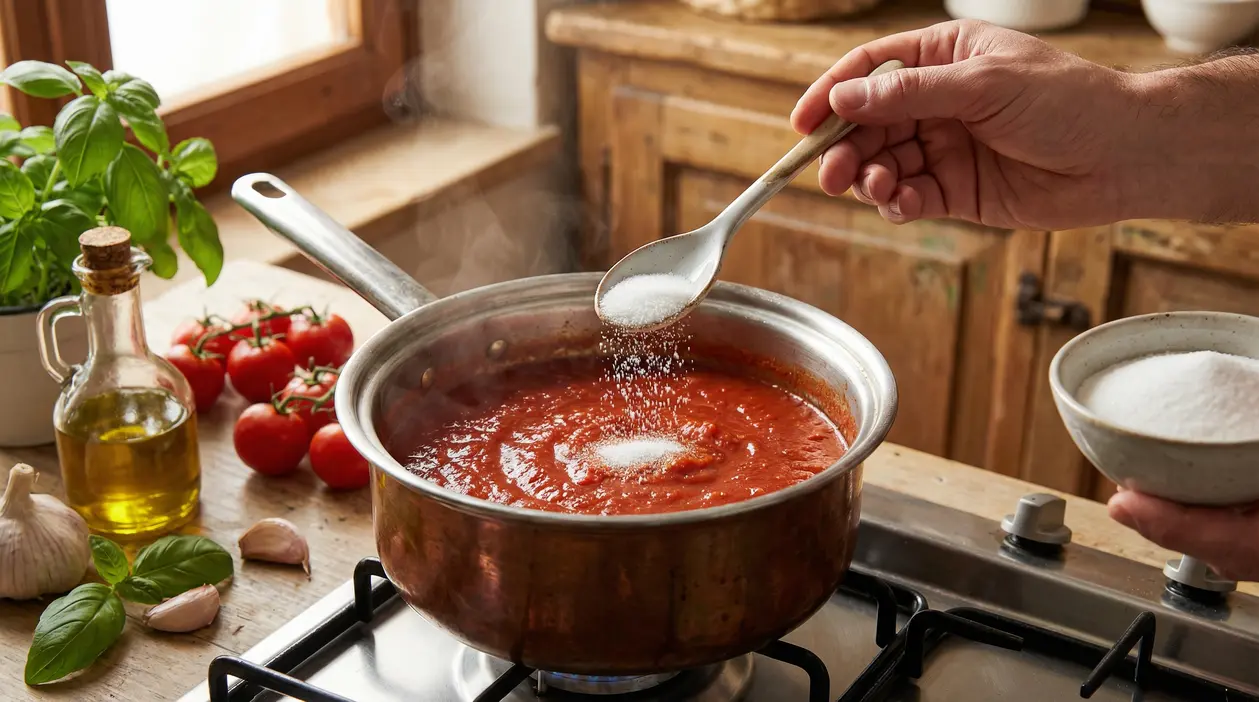 Una mano aggiunge zucchero in una pentola di sugo di pomodoro che cuoce su un fornello.