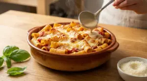 Una persona versa una crema sulla pasta al forno calda in una teglia di terracotta