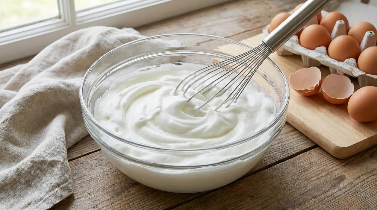 Ciotola di albumi montati a neve con una frusta su tavolo di legno