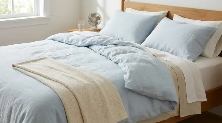 Letto con lenzuola chiare e cuscini in tessuto leggero, con ventilatore sul comodino per dormire freschi