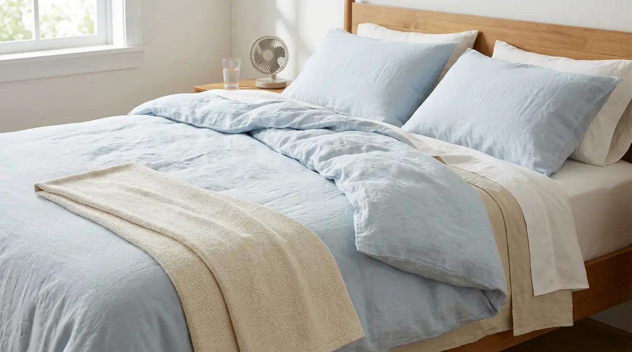 Letto con lenzuola chiare e cuscini in tessuto leggero, con ventilatore sul comodino per dormire freschi