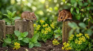 Due topi su una staccionata di legno in un giardino con piante e fiori gialli