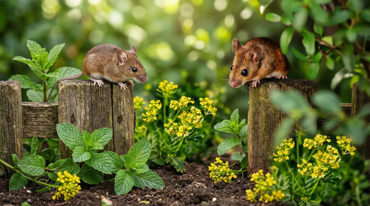 Due topi su una staccionata di legno in un giardino con piante e fiori gialli