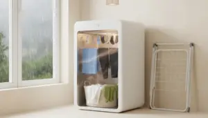 Asciugabiancheria a armadio con vestiti appesi vicino a una finestra con pioggia, alternativa allo stendere in casa