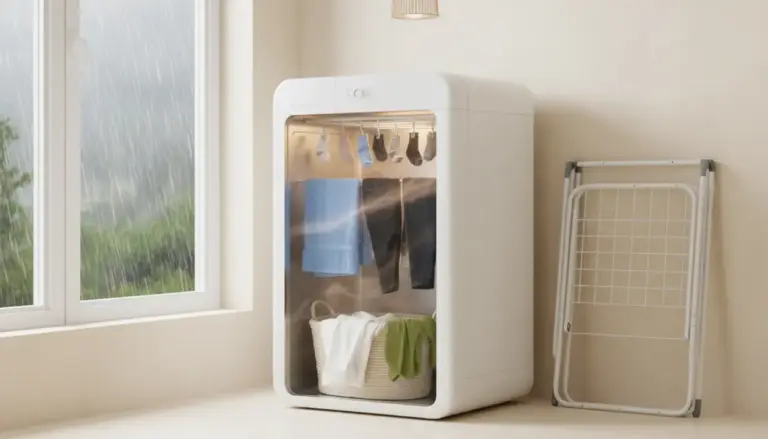 Asciugabiancheria a armadio con vestiti appesi vicino a una finestra con pioggia, alternativa allo stendere in casa