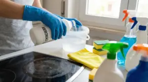 Persona con guanti versa ammoniaca diluita in un contenitore per pulire il piano cottura in cucina