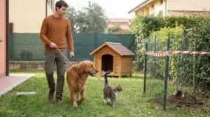 Persona che porta al guinzaglio un cane e un gatto in giardino vicino a una cuccia e a una recinzione