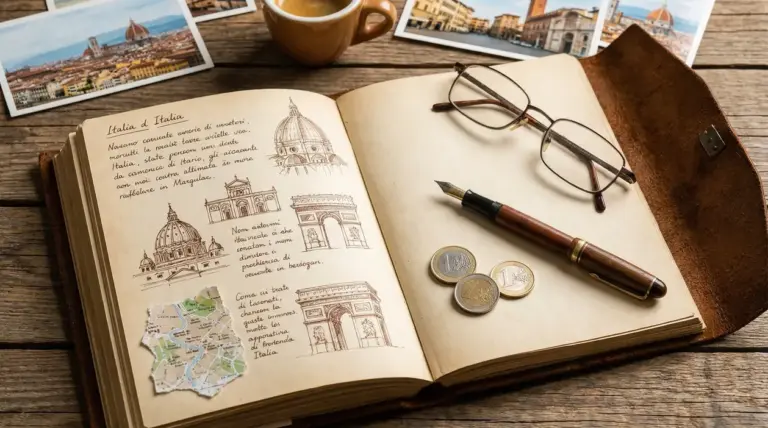 Taccuino di viaggio con schizzi di monumenti italiani, mappe, monete e fotografie su un tavolo di legno