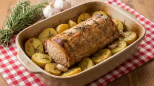 Arista di maiale al forno con patate in una teglia di ceramica su tovaglia a quadri