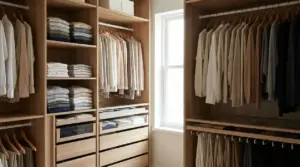 Armadio guardaroba ordinato con vestiti appesi e maglie piegate, ispirato al metodo KonMari